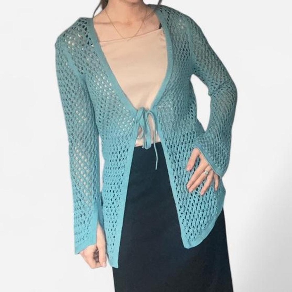 American Eagle vintage Y2K teal open knit tie front crochet cardigan size M
